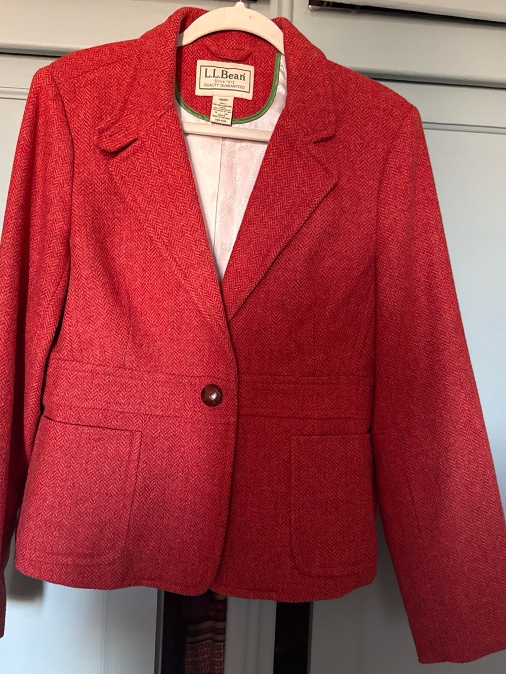 L.L. Bean Red Herringbone Wool-Blend Single-Button Blazer